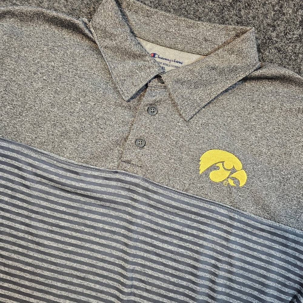Champion Iowa Hawkeyes Polo Shirt Mens XL Gray Striped Performance Knit‎ NCAA